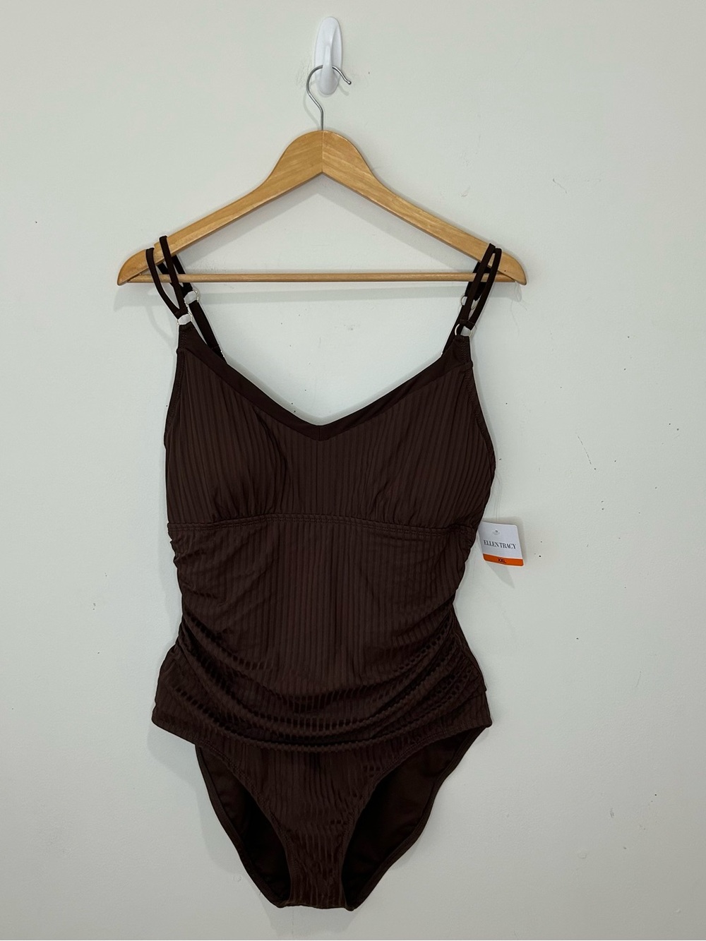 Ellen Tracy Brown Ribbed One-Piece Swimsuit 2XL Spaghetti Straps Tummy Control